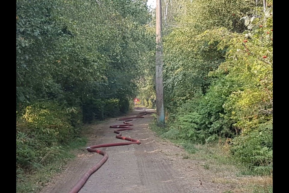 Crews strung fire hoses through the wooded Shell Road Trail to fight the fire.