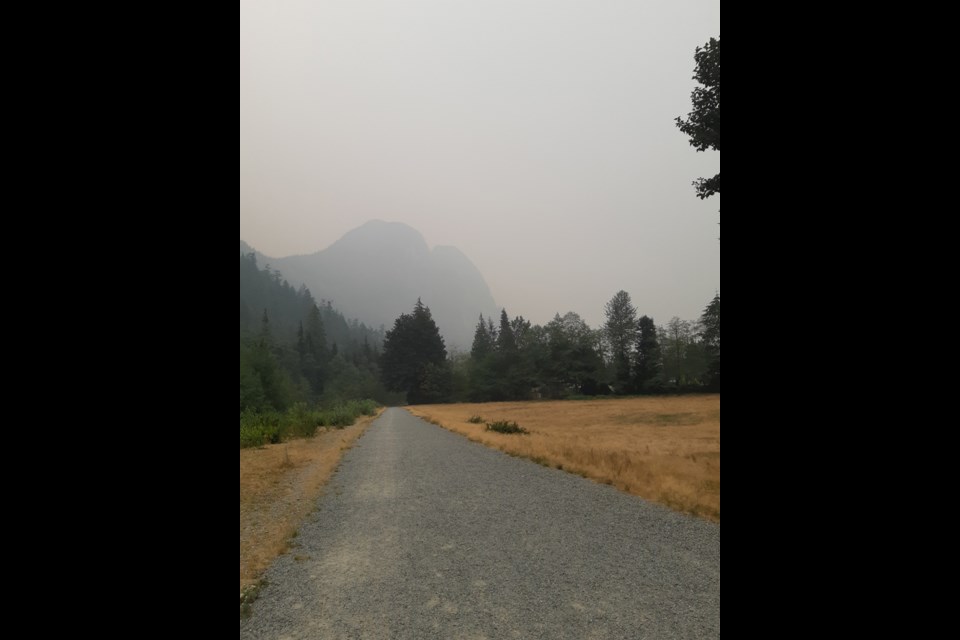 Very telling before and after shots of the effect smoke on Squamish's horizon. Scroll right to see shots from before the smog settled over town.