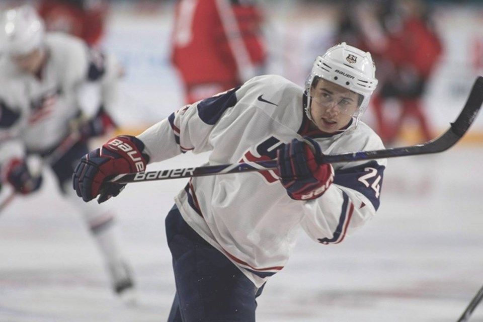 Quinn Hughes takes a shot at the 2018 World Junior Summer Showcase.