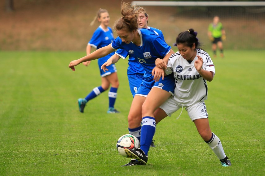 Capilano University’s Claire Ye, last year’s PacWest rookie of the year, charges into a challenge during an exhibition game held Aug. 23 at Capilano. There have been big changes on the Capilano campus this summer as four new coaches will jump into action for the 2018-19 season. photo Kevin Hill, North Shore News