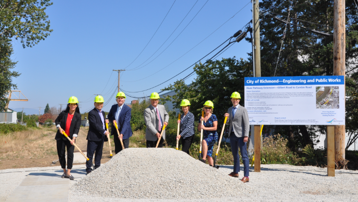 From left: Coun. Alexa Loo, Coun Chak Au, Coun. Ken Johnston, Mayor Malcolm Brodie, Coun. Linda McPhail, Coun. Carol Day and Jeff Busby, Director of Infrastructure and Program Management at TransLink. Photo: City of Richmond.