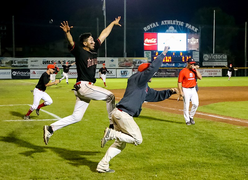 The Coquitlam Angels celebrate their Canadian senior mens baseball national championship in Victoria recently.