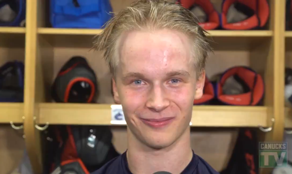 Elias Pettersson smiles in an interview after Young Stars game against the Winnipeg Jets.