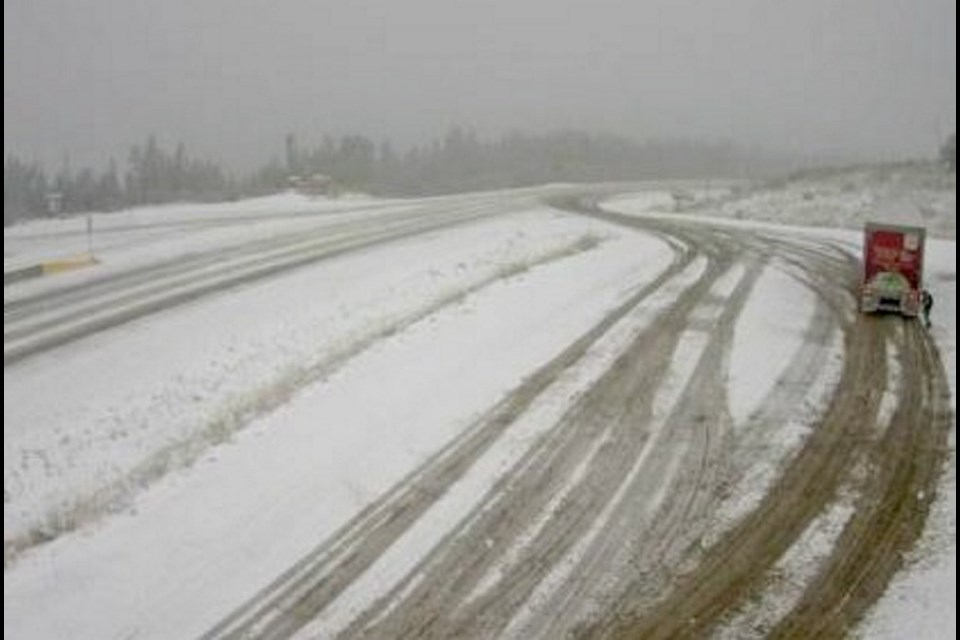 Motorists in northeastern B.C. were contending with snow on Tuesday morning. This photo was taken on Highway 97 at Steamboat Hill, about 80 kilometres northwest of Fort Nelson. The elevation is 1,033 metres.