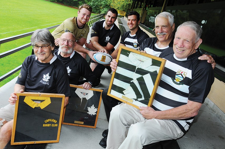 Original Capilano Rugby Club members Denny Maynard, Iain Sellars, Gord Currie and John Langley join current players Johnny Franklin, Neil Courtney and Jordan Reid Harvey in gearing up for this Saturday's celebration of the start of the club's 50th season. photo Cindy Goodman, North Shore News