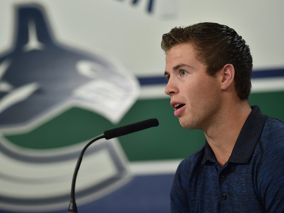 Ben Hutton answers questions at Canucks 2018 training camp