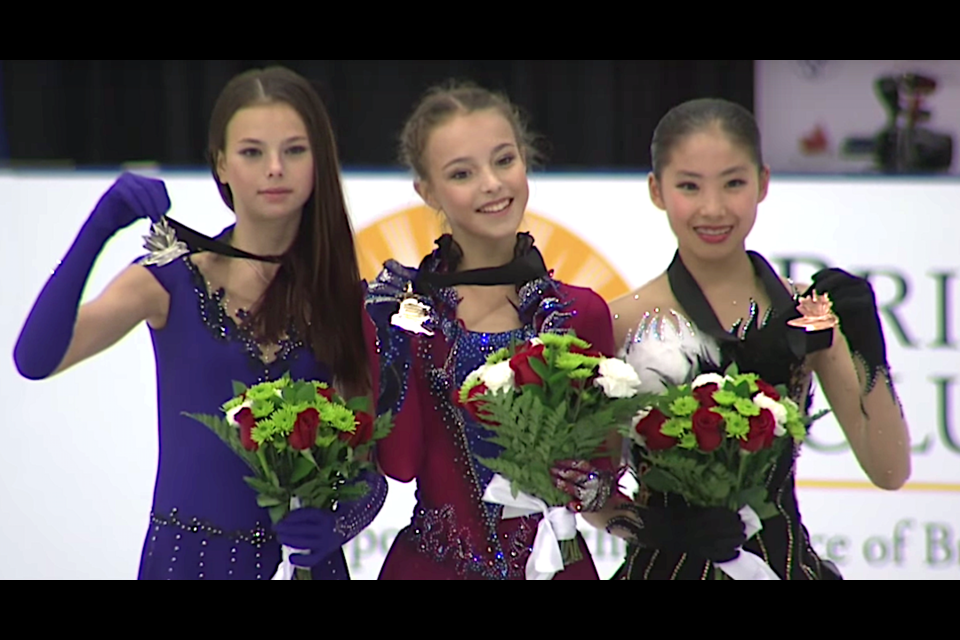 Fourteen-year-old Anna Shcherbakova of Russia (centre) captured the junior ladies title at the ISU Junior Grand Prix at Minoru Arenas. Russian teammate Anastasia Tarakanova (left) was second and Japan's Rion Sumiyoshi took bronze.
