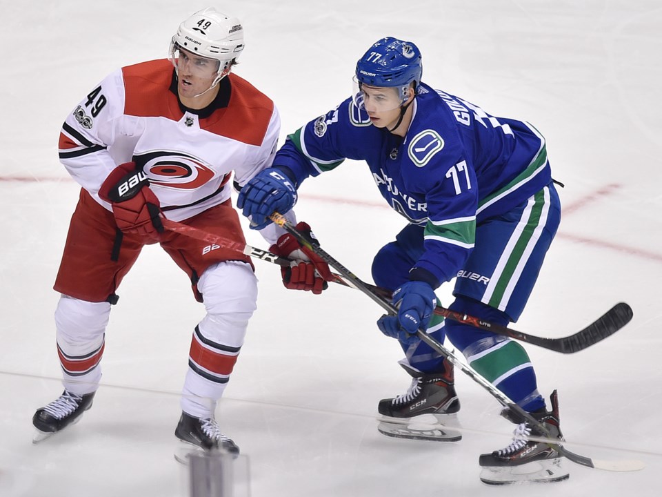 Nikolay Goldobin of the Vancouver Canucks battles Victor Rask of the Carolina Hurricanes.