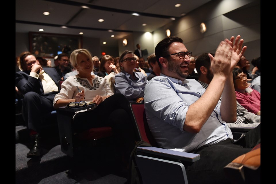 The audience reacts during the, at times, lively debate at the first mayoral candidates' forum Monday night hosted by Business in Vancouver, Vancouver is Awesome and the Courier. Photo Dan Toulgoet