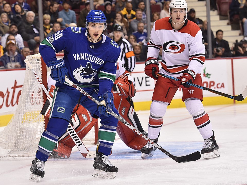 Brendan Gaunce screens the goaltender in a game against the Carolina Hurricanes.