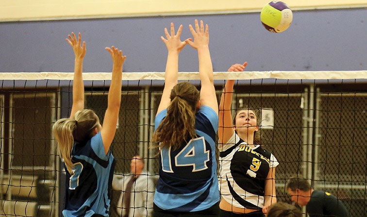 Karynn Hampe of the Duchess Park Condors tips the ball past a pair of College Heights Cougars blockers on Saturday at CNC. The Cougars won this semifinal but fell to the Dawson Creek Coyotes in the championship match. – Citizen photo by James Doyle