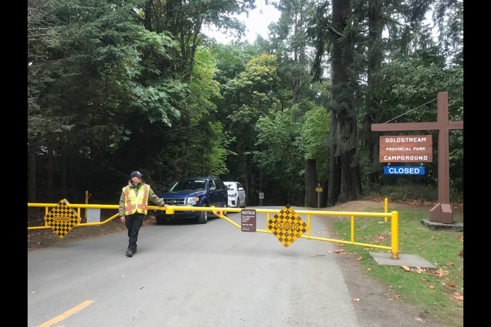 Gates are now closed at Goldstream Park. Chrissy Brett, organizer of tent cities in Saanich, said the Environment Ministry arrived after 5 p.m. Wednesday and closed the park to all but registered campers.