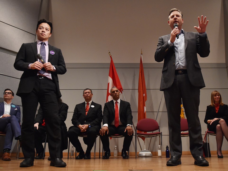 The NPA’s Ken Sim and independent Kennedy Stewart faceoff at a mayoral debate Sept. 17. Photo Dan To
