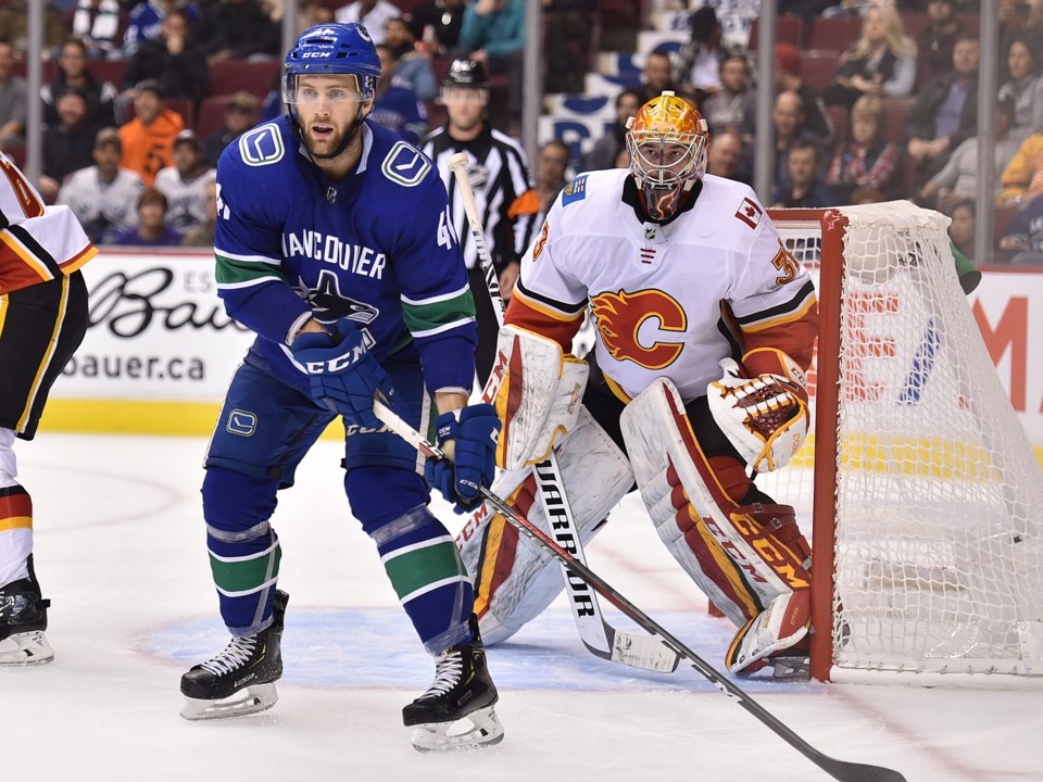 Jonah Gadjovich establishes position in front of the Calgary Flames net.