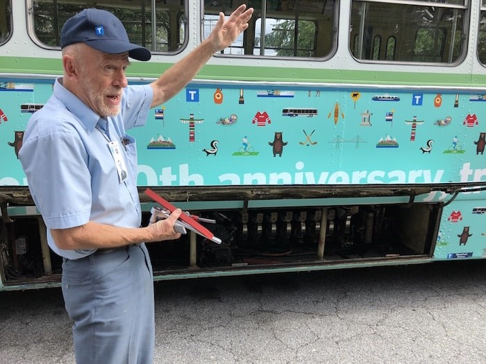 Driver Angus McIntyre explains how the GE motor works on this 1954 Brill. Photo Lindsay William-Ross