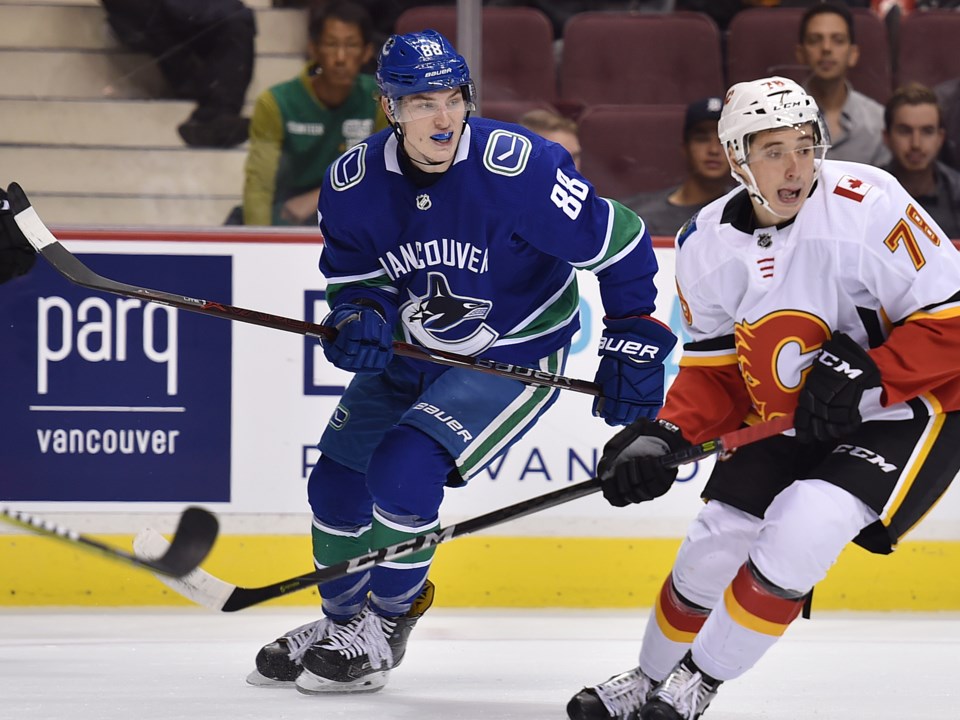 Adam Gaudette of the Vancouver Canucks in preseason against the Calgary Flames