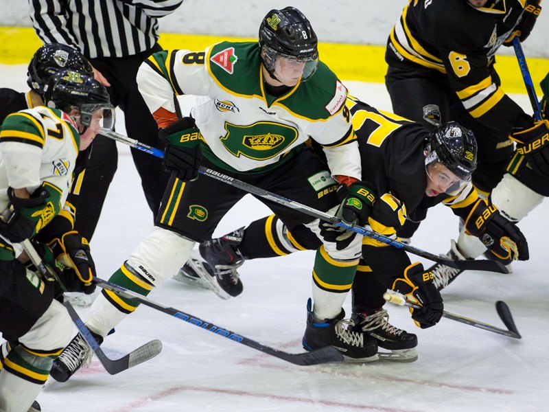 Powell River Kings forwards Ben Berard [left] and Neal Samanski