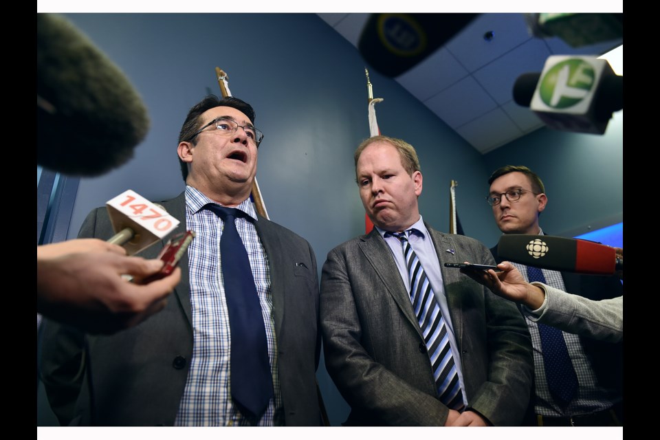 Chief Bob Chamberlin of the Union of BC Indian Chiefs joined lawyer Dylan Mazur and Josh Paterson of the BC Civil Liberties Association Wednesday at the VPD’s Cambie Street precinct to speak to media about the practice of street checks. Photo Dan Toulgoet