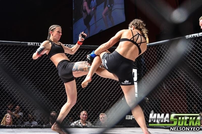 Squamish fighter Jamey-Lyn Horth, left, claimed victory after eliminating her opponent with a technical knockout in the second round.
