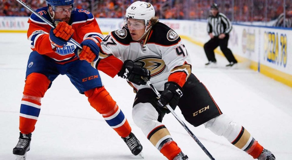 Hampus Lindholm drives up the wing for the Anaheim Ducks.