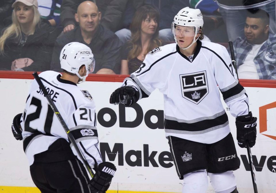 Tyler Toffoli celebrates a goal with Nick Shore of the Los Angeles Kings