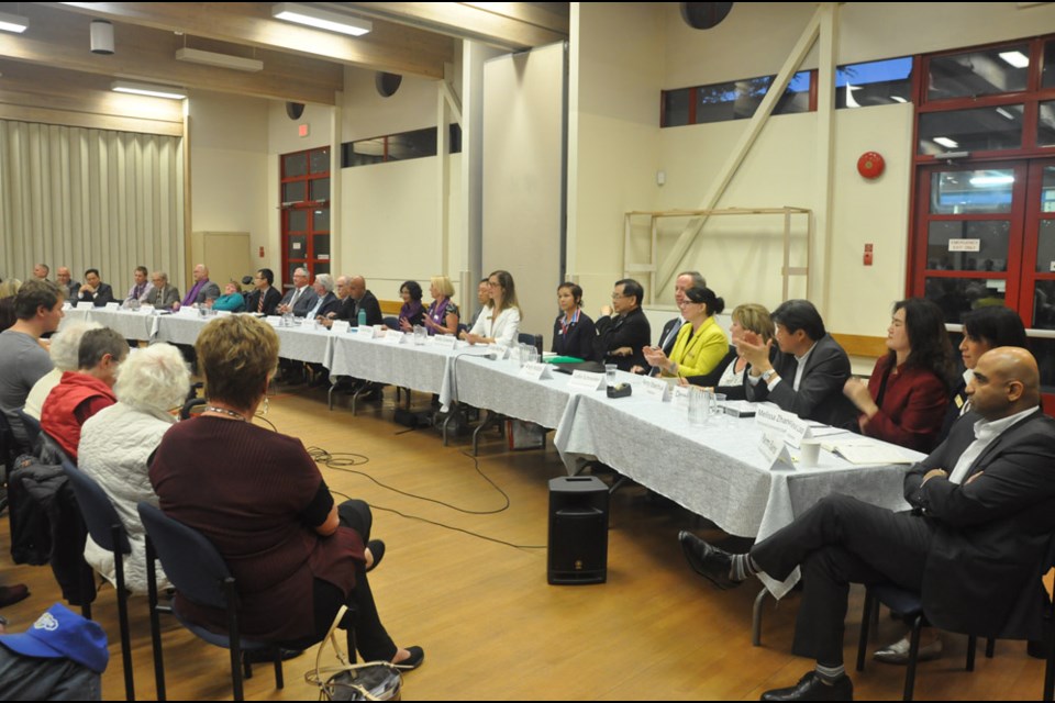 Richmond’s first all-candidate meeting attracted around 300 audience members had 25 out of 30 council candidates attending. Daisy Xiong photo