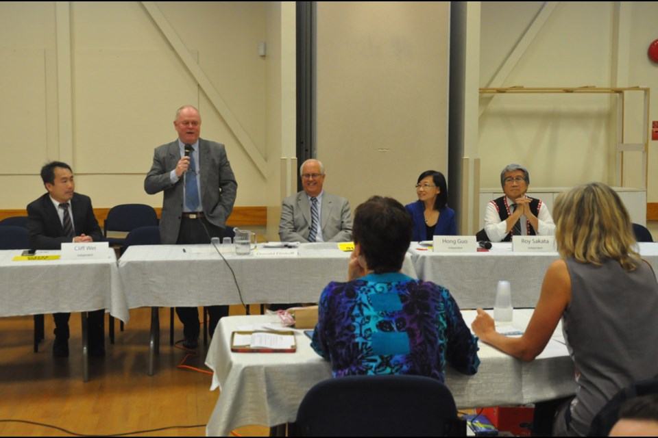 Five out of six mayoral candidates attended the meeting Tuesday night. Daisy Xiong photo