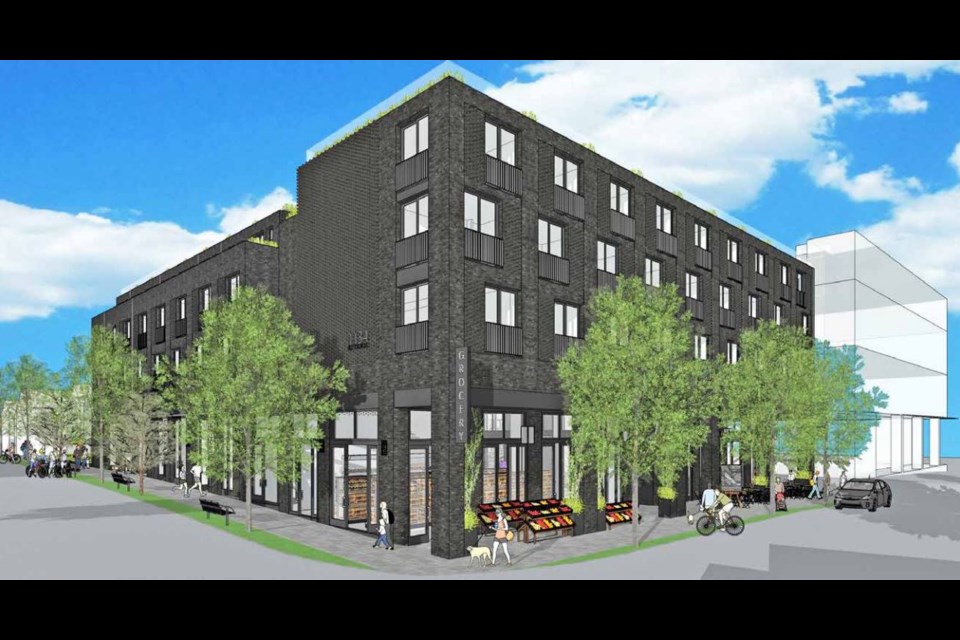 A four-storey, mixed-use development proposed for property between 1102 to 1138 East Georgia Street near Glen Drive.