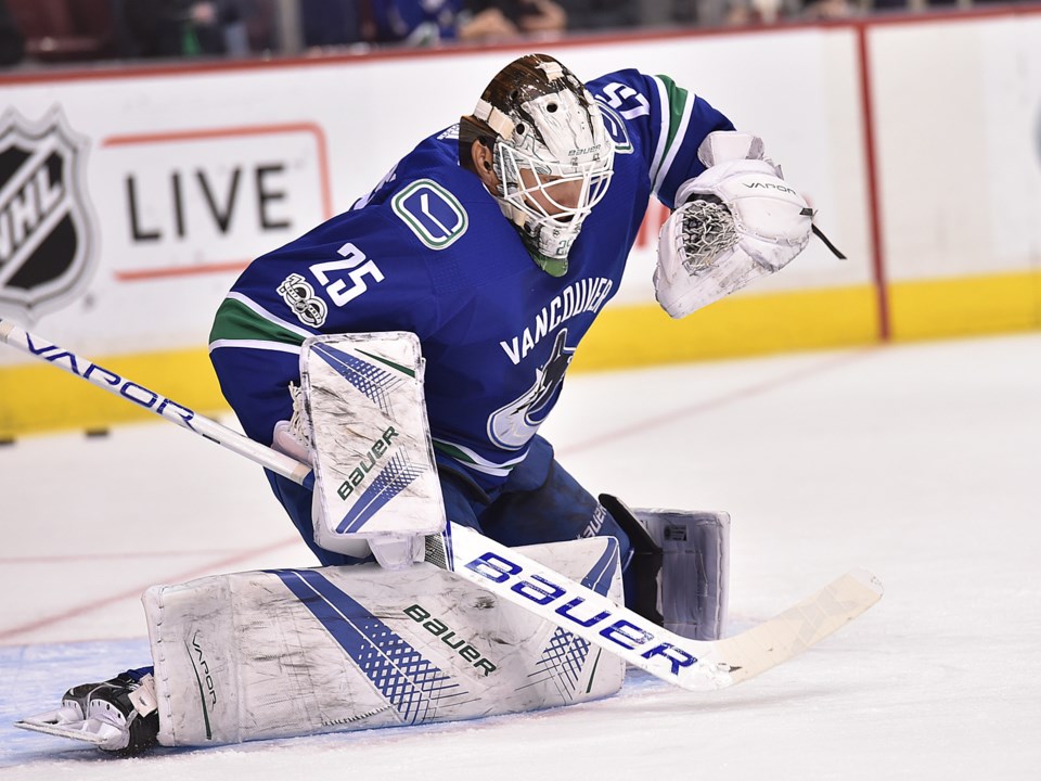 Jacob Markstrom makes a save during warmup for the Vancouver Canucks