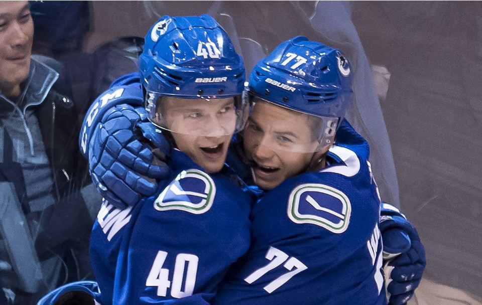 Elias Pettersson celebrates a goal with Nikolay Goldobin with the Vancouver Canucks.