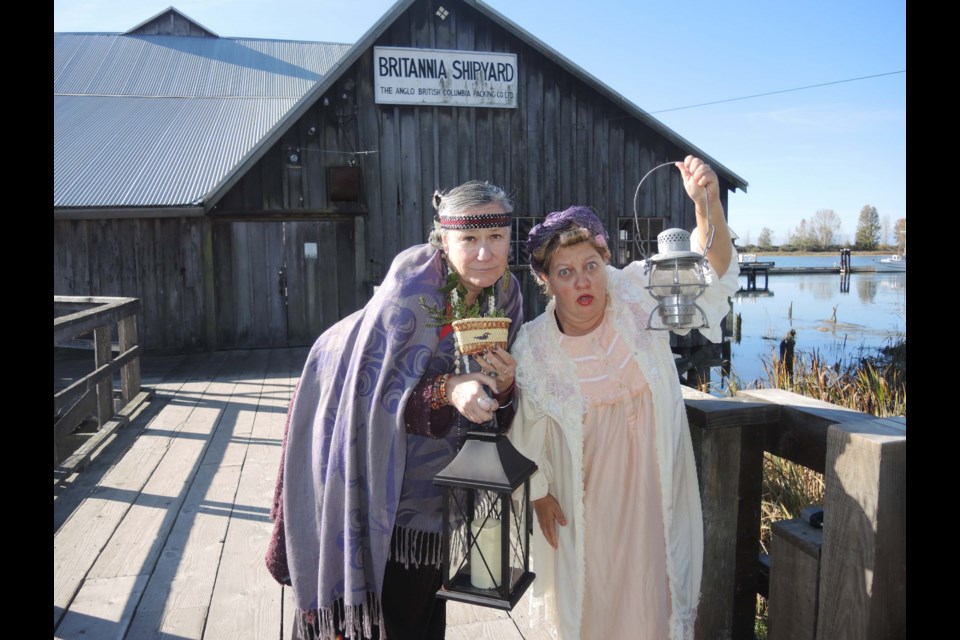 ARTCi's Shelley MacDonald (left) and Lori Sherrit-Fleming will play the respective roles of an Indigenous story-teller and fisherman's wife at this Saturday's Halloween Ghost Tour at Britannia Heritage Shipyards. Alan Campbell photos