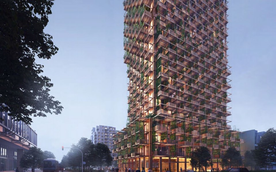 A "vertical forest" covers a tower proposed for 5055 Joyce St.