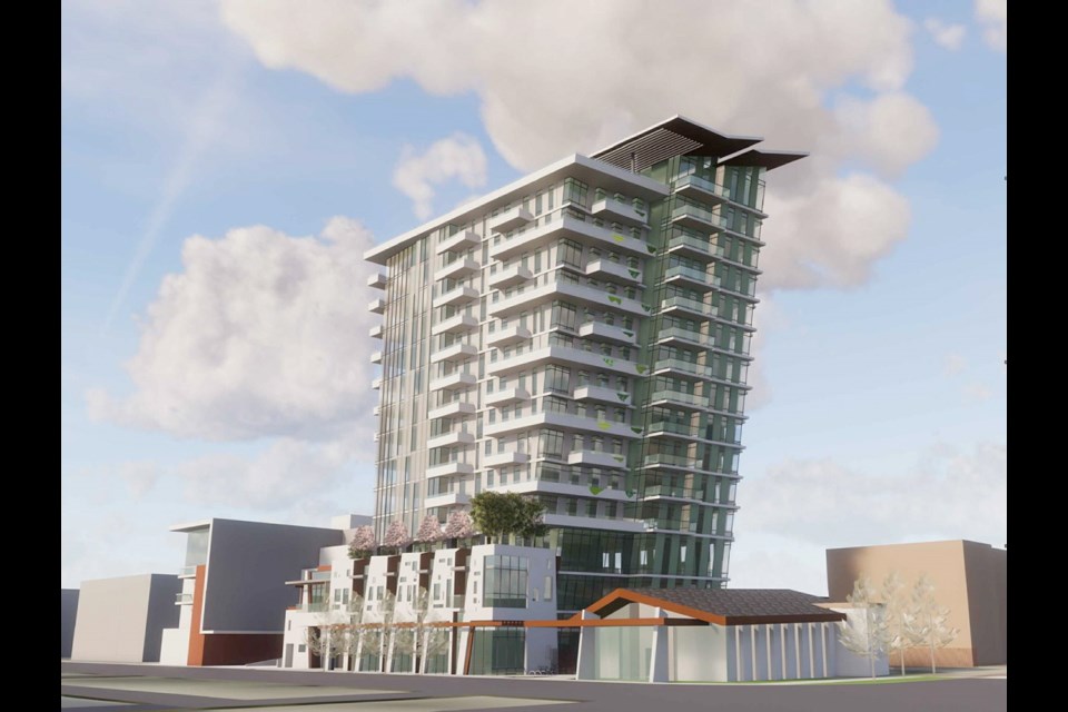 Tilting design of the 15-storey tower is shown from a southeast street view at 1400 Vancouver St.