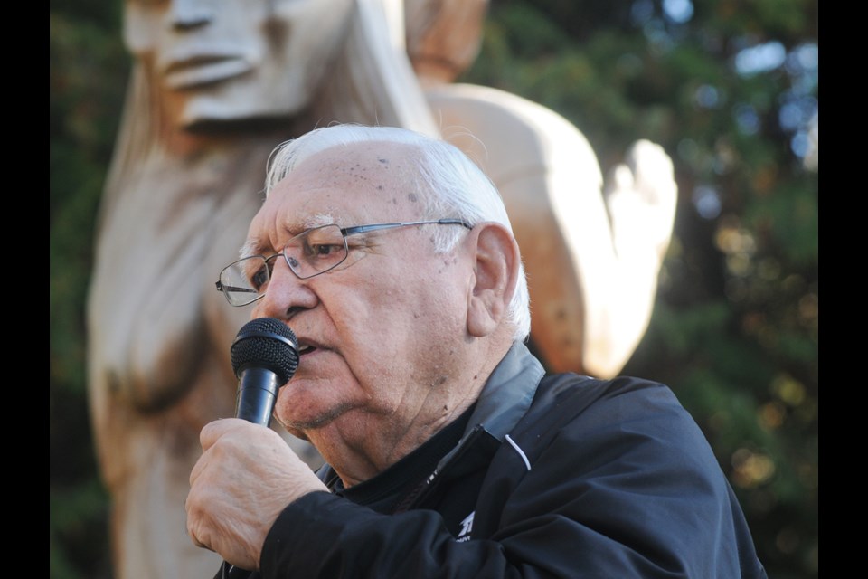 Residential school survivor Paitsmuck addresses a group of Norgate Community Elementary – Xwemélch’stn students during a ceremony kicking off a new partnership between North Vancouver School District and the Gord Downie & Chanie Wenjack Fund Wednesday at the site of the old St. Paul’s Indian Residential School. photo Mike Wakefield, North Shore News