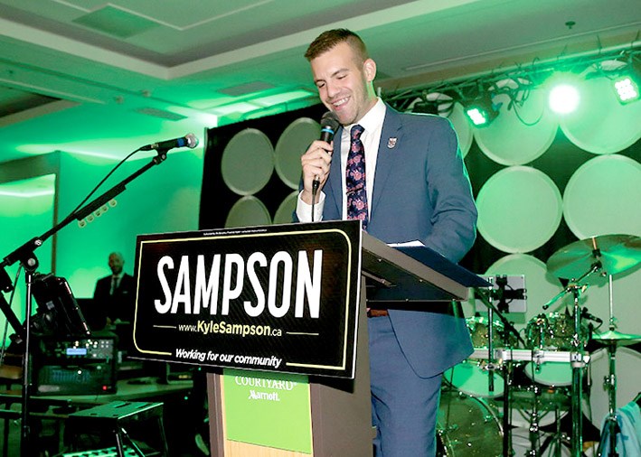 Kyle Sampson speaks to supporters at the Courtyard Marriott after being elected to Prince George city council Saturday.
Citizen photo by James Doyle