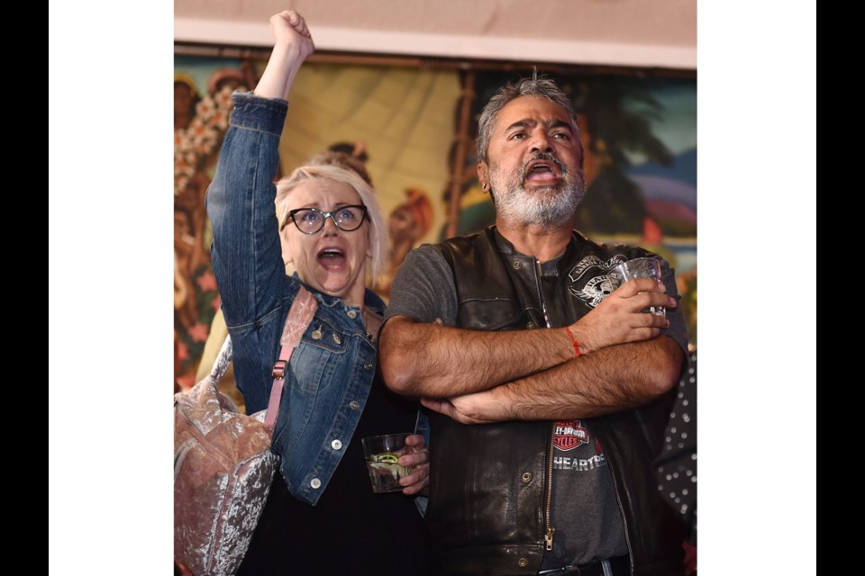 Supporters of Kennedy Stewart cheer on initial results at the Waldorf. Photo Dan Toulgoet