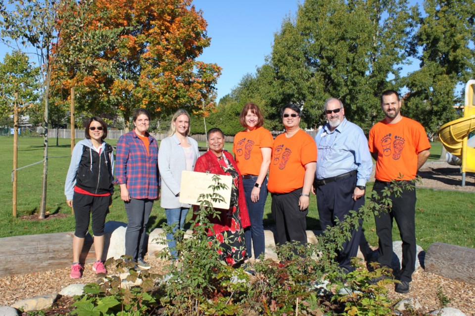 McKinney elementary’s Outdoor Classroom & Indigenous Garden (right) opened recently. The garden was supplied by donors Eileen and Mark Chou, Anthem Properties Group, the McKinney PAC and thanks to a Neighbourhood Small Grant from Vancouver Foundation and Richmond Cares, Richmond Gives. The VIPs at the opening included Eileen Chou, PAC co-chair Michelle Li, Emily from Anthem Properties Group, Elder Roberta Price, principal Susan Roy, school board trustee Eric Yung, Ed Gavsie from Richmond Cares, Richmond Gives and vice-principal Harley Rollins.