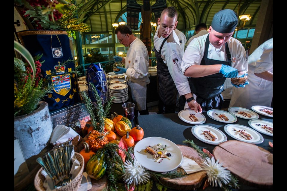 Government House chefs prepare dishes during the Canada's Great Kitchen Party fundraiser at the Victoria Conference Centre on Thursday, Oct. 25, 2018.