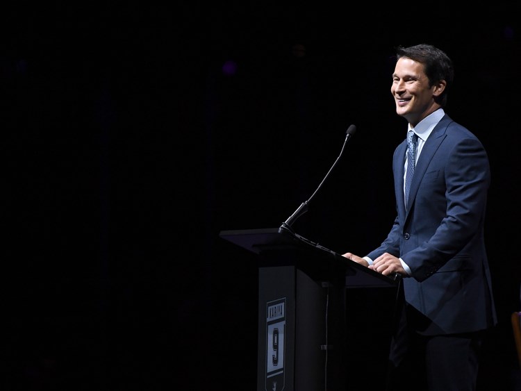 Paul Kariya speaks during his Anaheim Ducks jersey retirement ceremony at the Honda Center on Oct. 21. photo Harry How/Getty Images