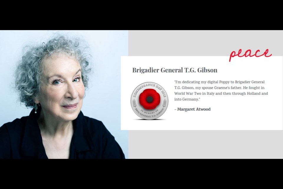 Canadian literary icon Margaret Atwood dedicated her digital poppy to her husband's father, Brigadier General T.G. Gibson. Photo Royal Canadian Legion