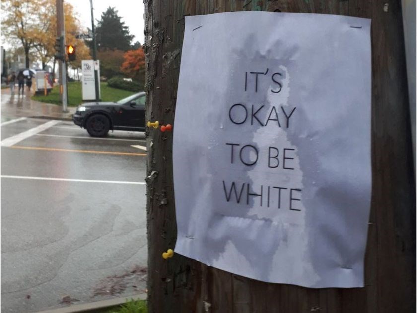 Photo of a poster found stapled to a New Westminster telephone pole.