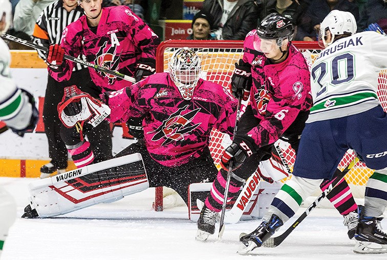 Prince George Cougars goaltender Taylor Gauthier slides across the crease to make one of his 37 saves in a 2-0 win over the Seattle Thunderbirds Nov. 3 at CN Centre on his way to his first career WHL shutout.