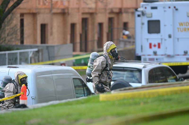New Westminster firefighters and police were called to an apartment building on Elliot and Carnarvon streets Sunday afternoon after an explosion in what turned out to be a clandestine drug lab.