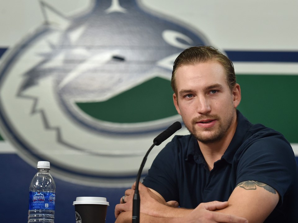 Sven Baertschi takes questions at the Canucks' 2018 media day