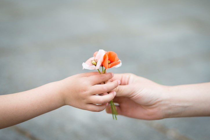 Child gives adult a flower