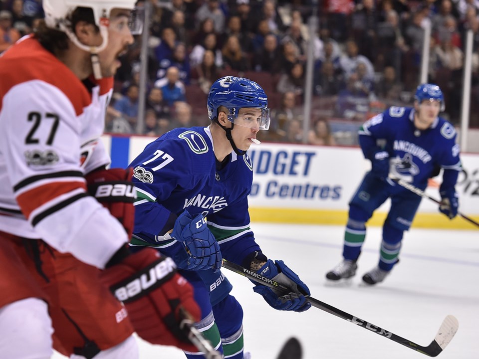 Nikolay Goldobin plays against the Carolina Hurricanes for the Vancouver Canucks