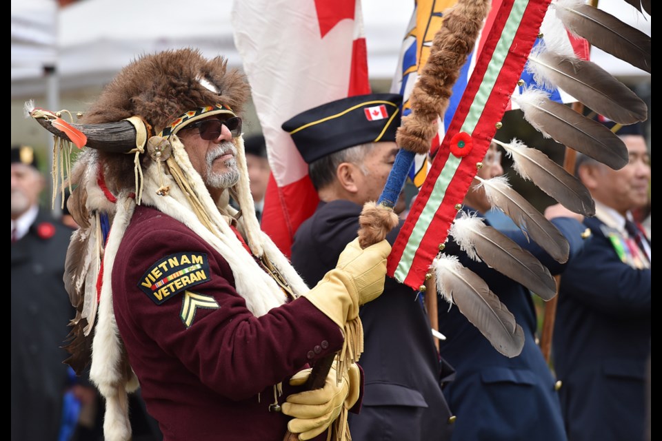 Vietnam veteran “Old Hands” takes part in the 14th annual National Aboriginal Veterans Day, Nov. 8 at Victory Square. Photo Dan Toulgoet