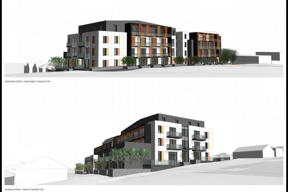 A revised rezoning application for a site on Renfrew Street in East Vancouver includez changes to height and massing. Renderings GBL Architects Inc.