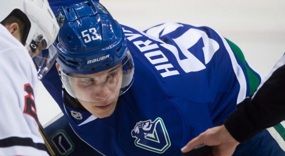 Bo Horvat takes a faceoff for the Vancouver Canucks