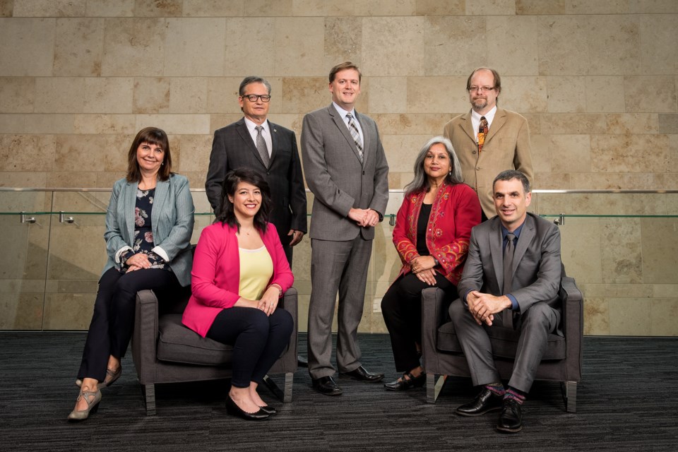 Members of New Westminster city council recently posed for an official portrait at Anvil Centre. Back row, from left, Coun. Chuck Puchmayr, Mayor Jonathan Cote and Coun. Jaimie McEvoy. Front row, from left, Coun. Mary Trentadue, Coun. Nadine Nakagawa, Coun. Chinu Das and Coun. Patrick Johnstone.